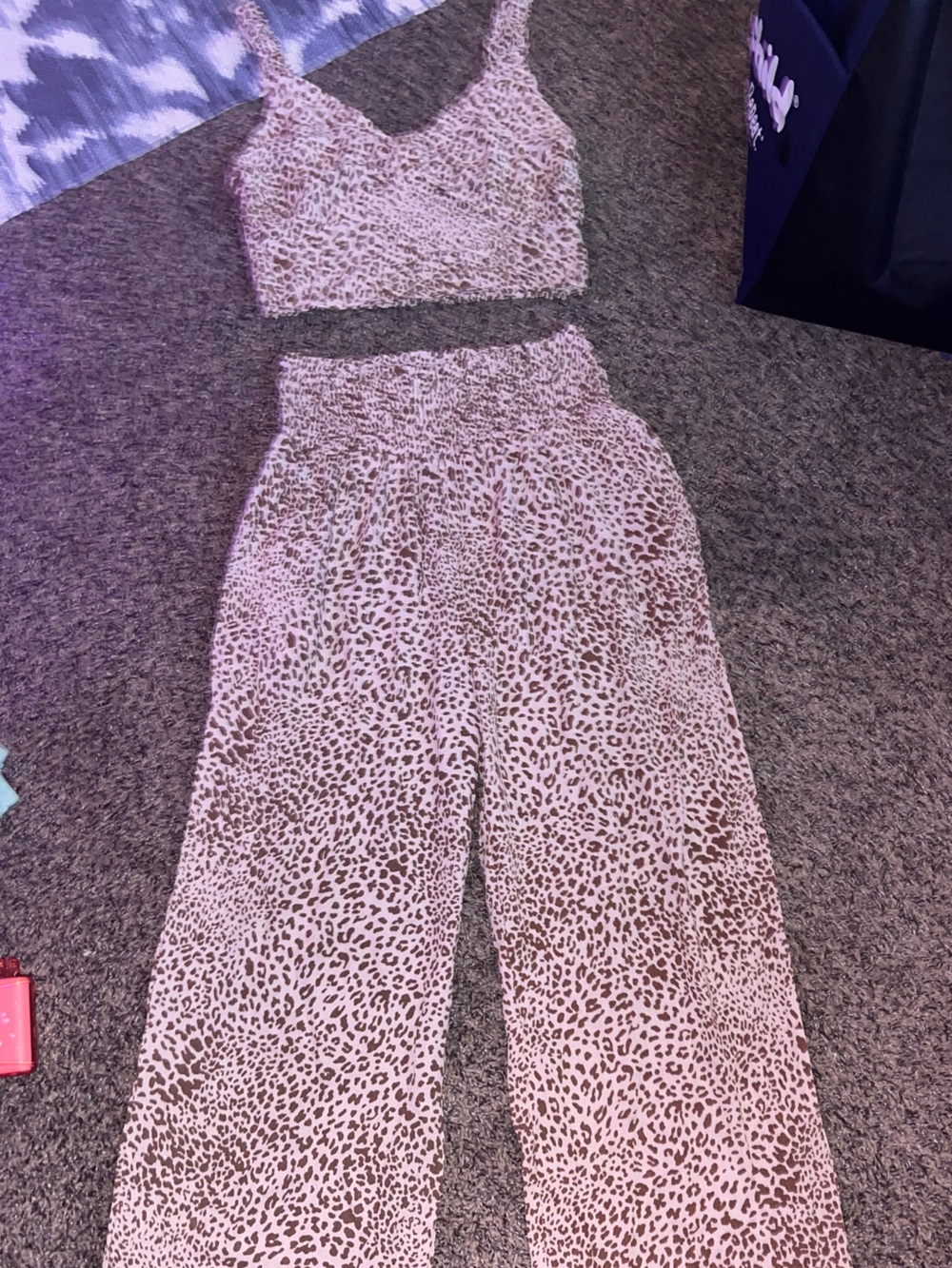 Leopard-Print Wide Leg Pants Set - Pink